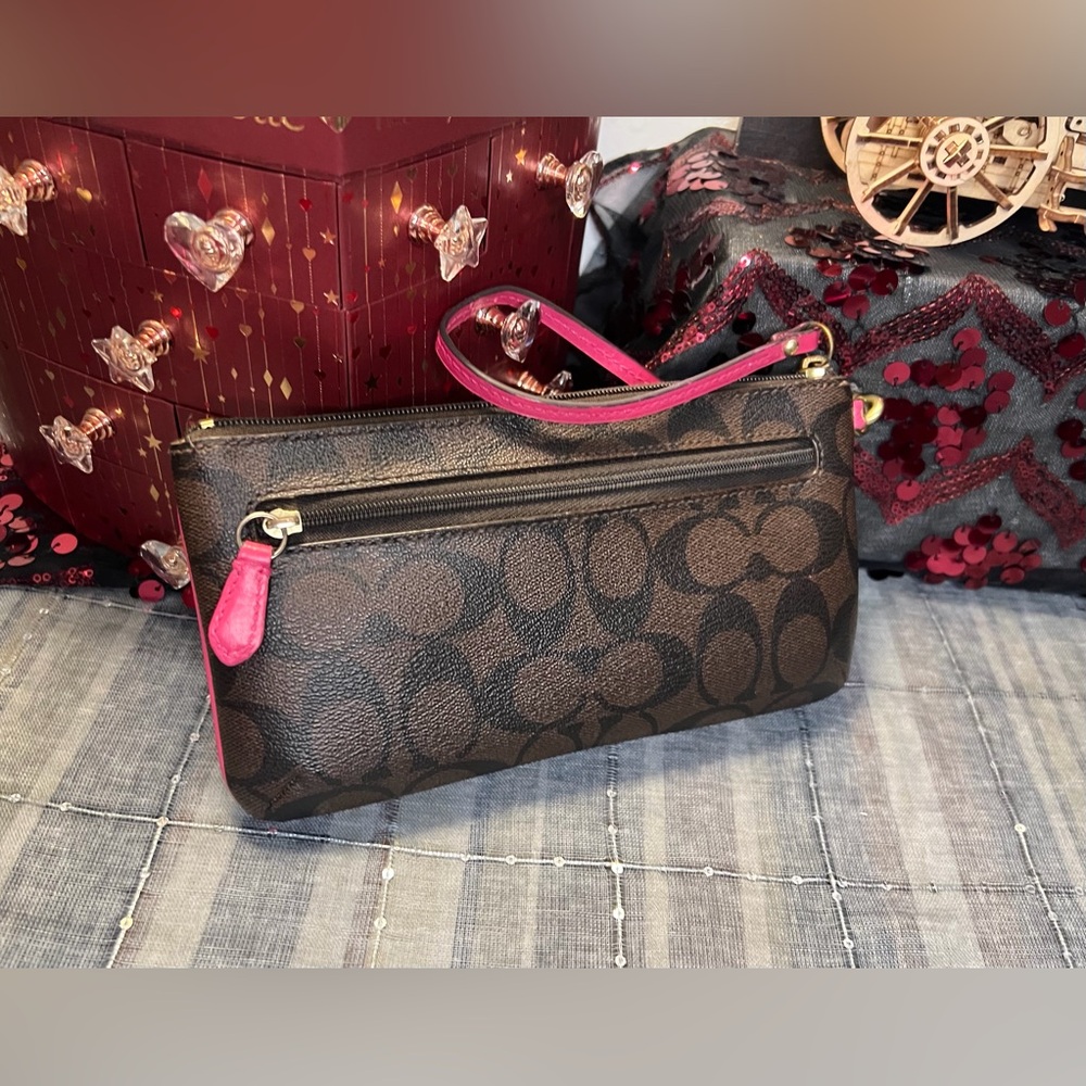 Coach Dark Brown Safiano Signature C Wristlet with Pink Trim - Picture 12 of 13